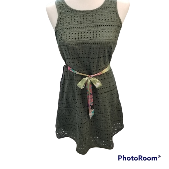 GAP  Eyelet Sleeveless Cool Olive Fully Lined Cotton Dress Size:4 - Picture 4 of 6